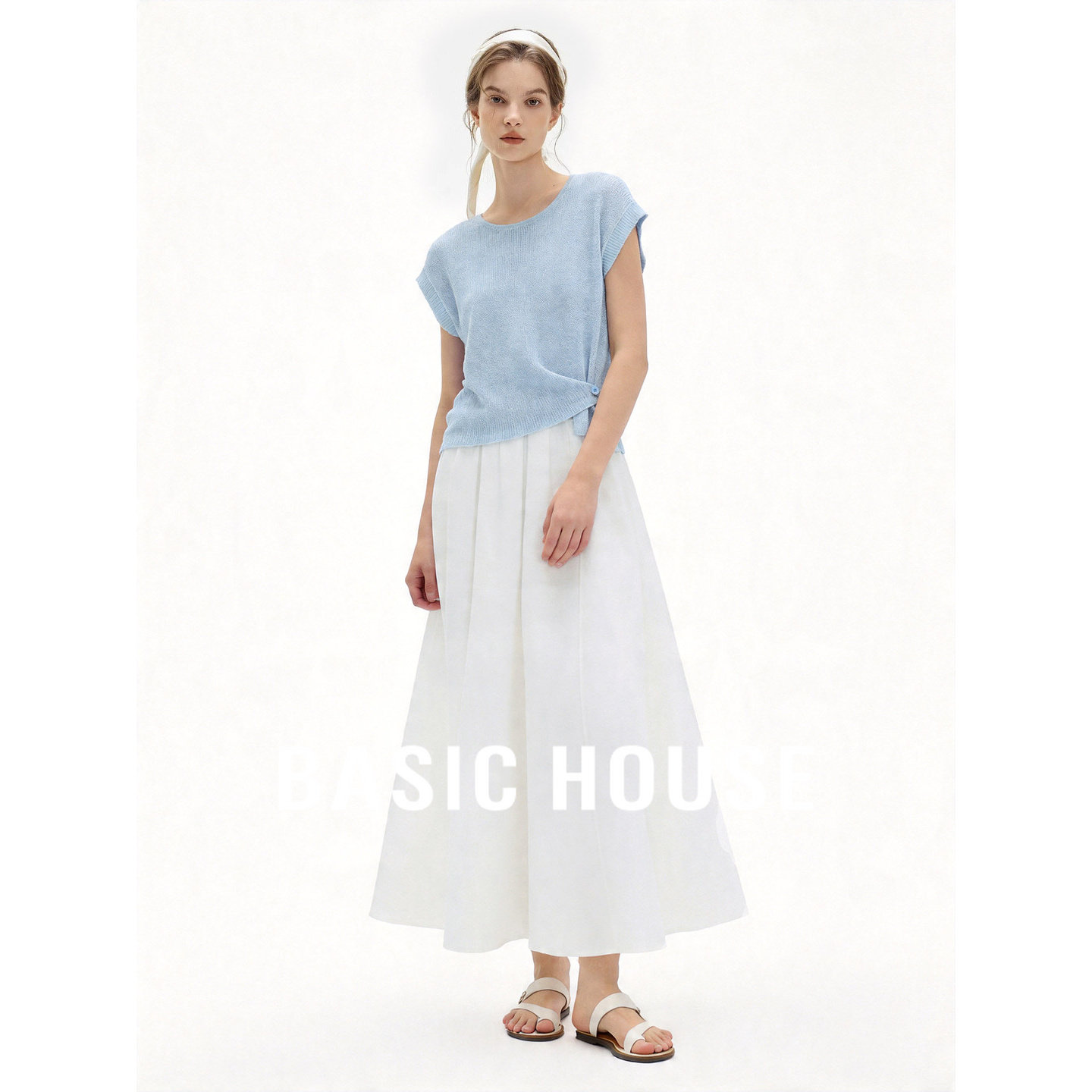Basic House/百家好轻熟简约风针织短袖上衣女夏季套装通勤半身裙