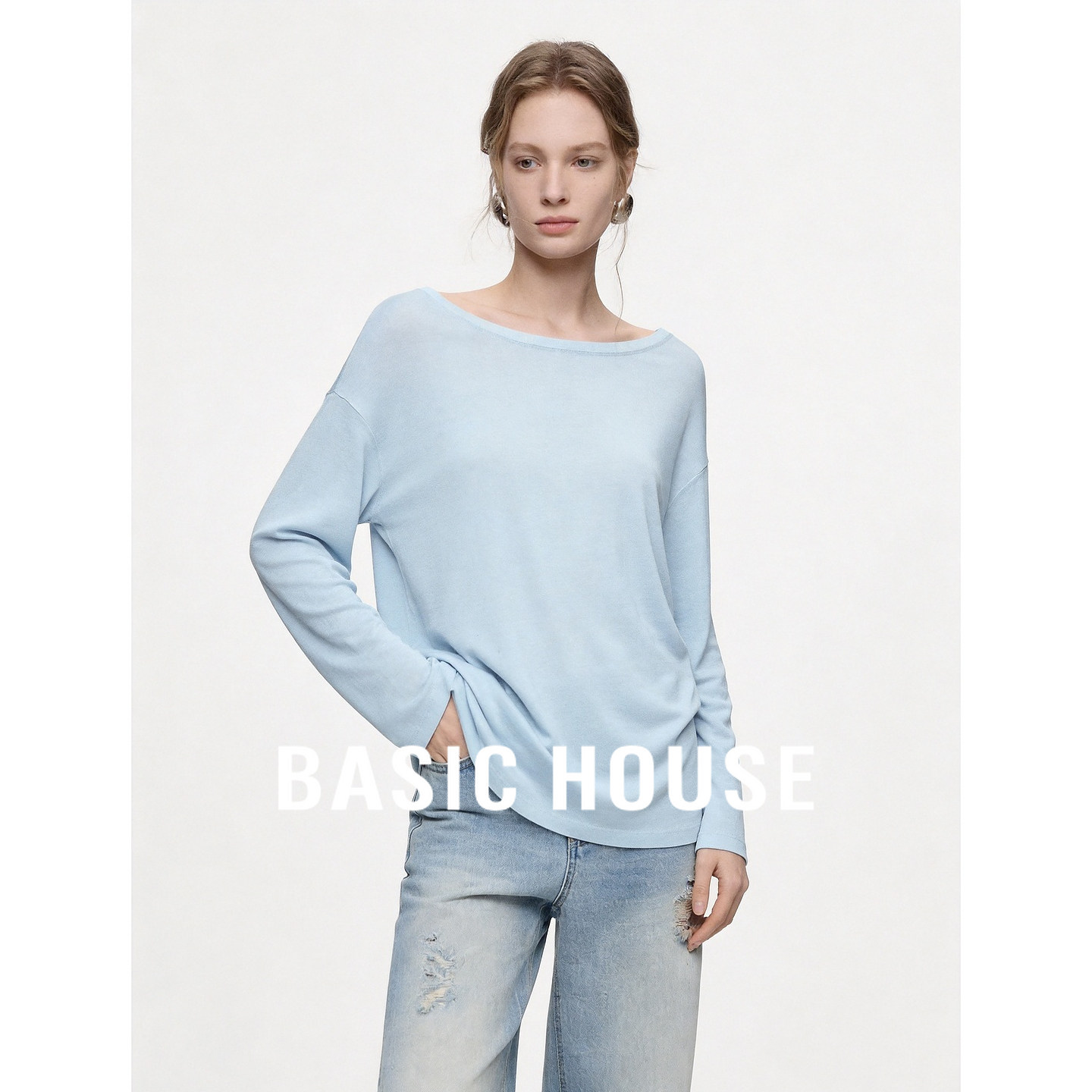 Basic House/百家好莱赛尔长袖T恤女蓝色宽松透气小个子时尚上衣