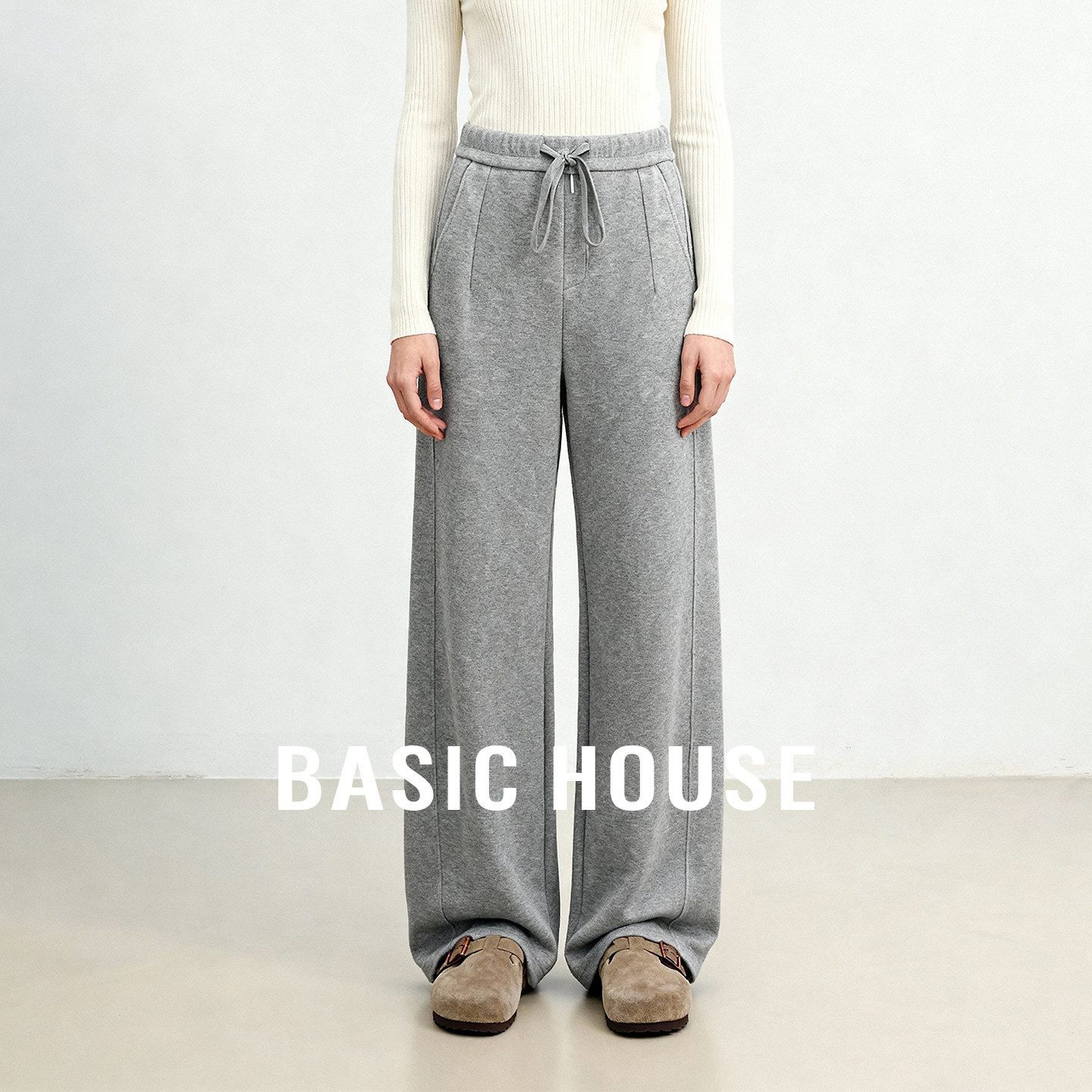 Basic House/百家好灰色抽绳高腰休闲裤秋冬加绒松紧腰阔腿长裤女