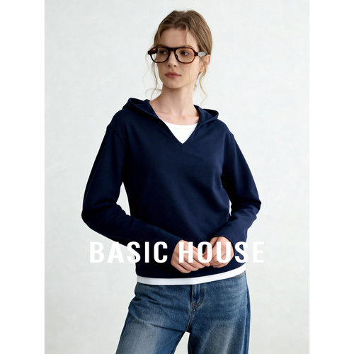 Basic House/百家好海军蓝连帽假两件T恤女宽松百搭慵懒风上衣