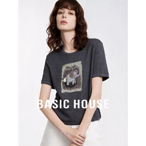 Basic House/百家好卡通小象印花短袖针织衫女夏薄款透气宽松上衣