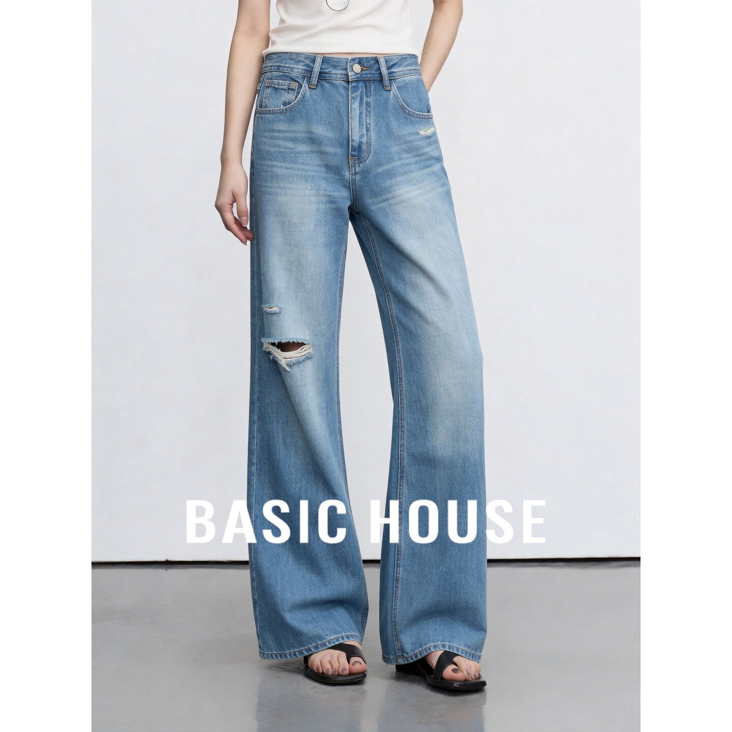 Basic House/百家好复古破洞牛仔裤女秋季蓝色阔腿裤纯棉休闲长裤