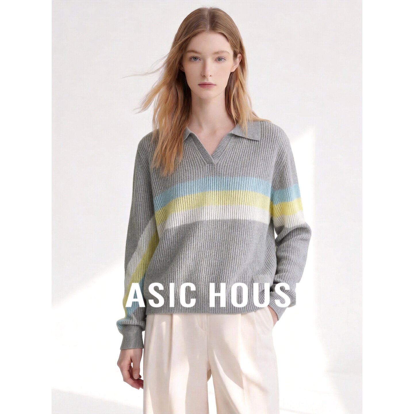 Basic House/百家好polo领针织衫女长袖彩色条纹宽松通勤风上衣