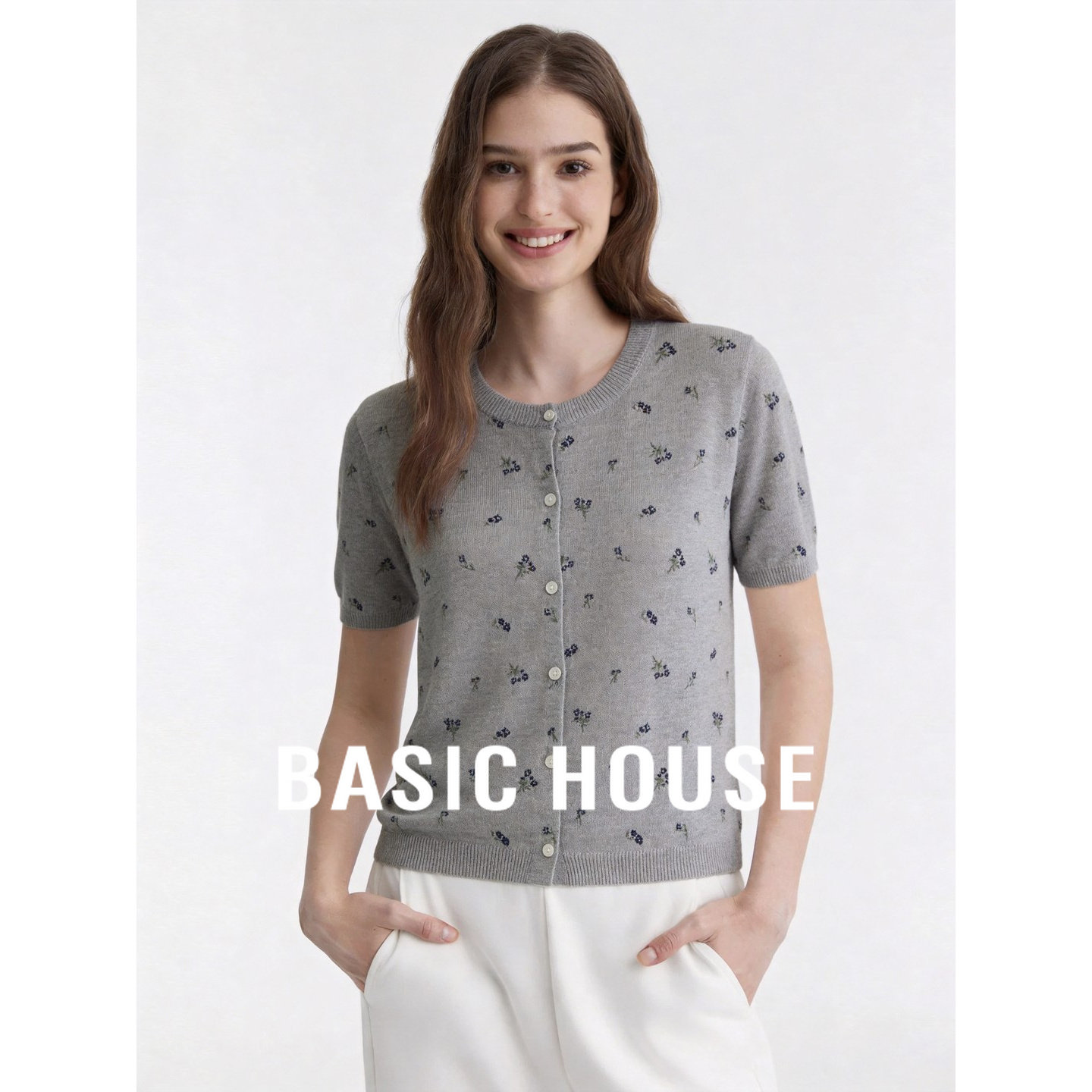 Basic House/百家好韩系碎花灰色针织开衫女2026夏季修身显瘦短袖