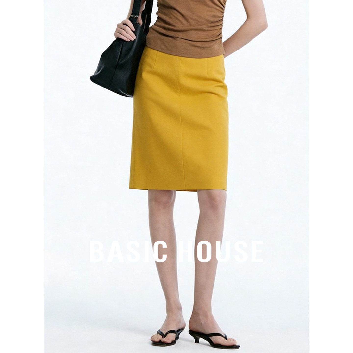 Basic House/百家好轻熟风黄色A字半身裙女26新款通勤气质中长裙