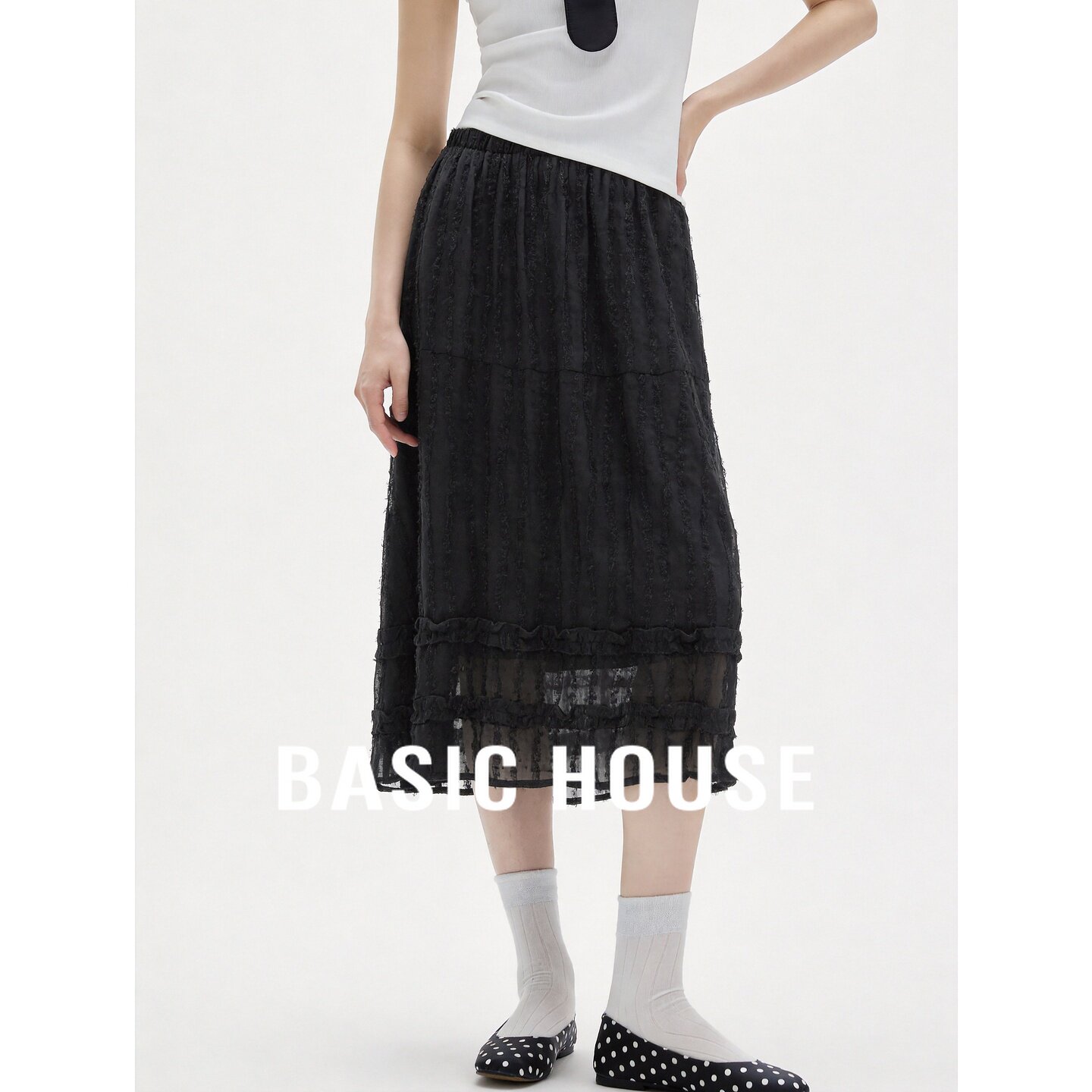 Basic House/百家好法式黑色蕾丝边百褶A字半身裙女夏轻薄中长裙