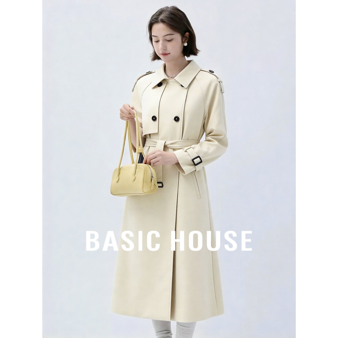 Basic House/百家好英伦风翻领中长款风衣女系带收腰显瘦气质外套