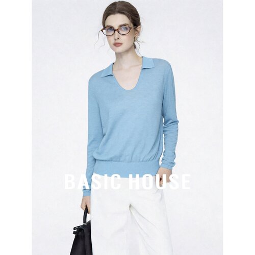 Basic House/百家好优雅风莱赛尔翻领针织衫女秋长袖蓝色通勤上衣