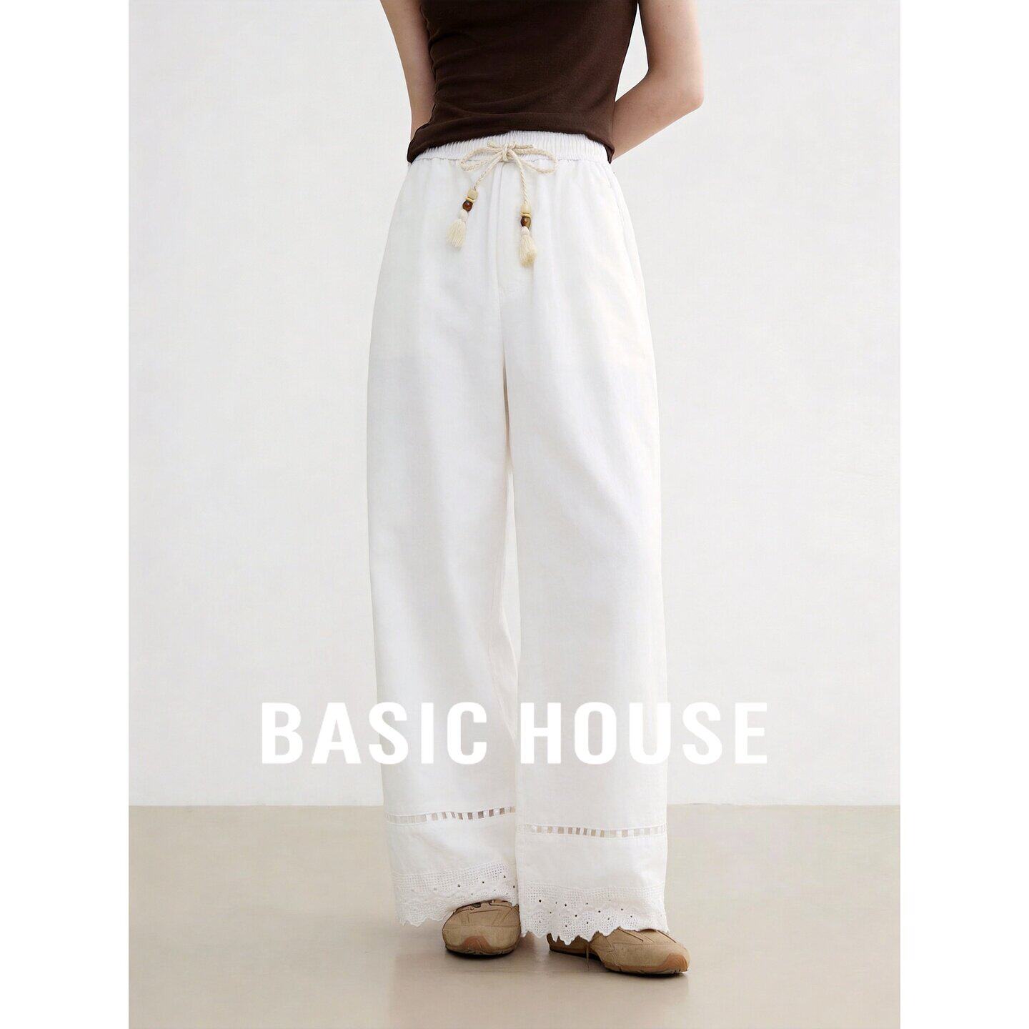 Basic House/百家好白色高腰阔腿裤女夏季棉质抽绳宽松百搭休闲裤