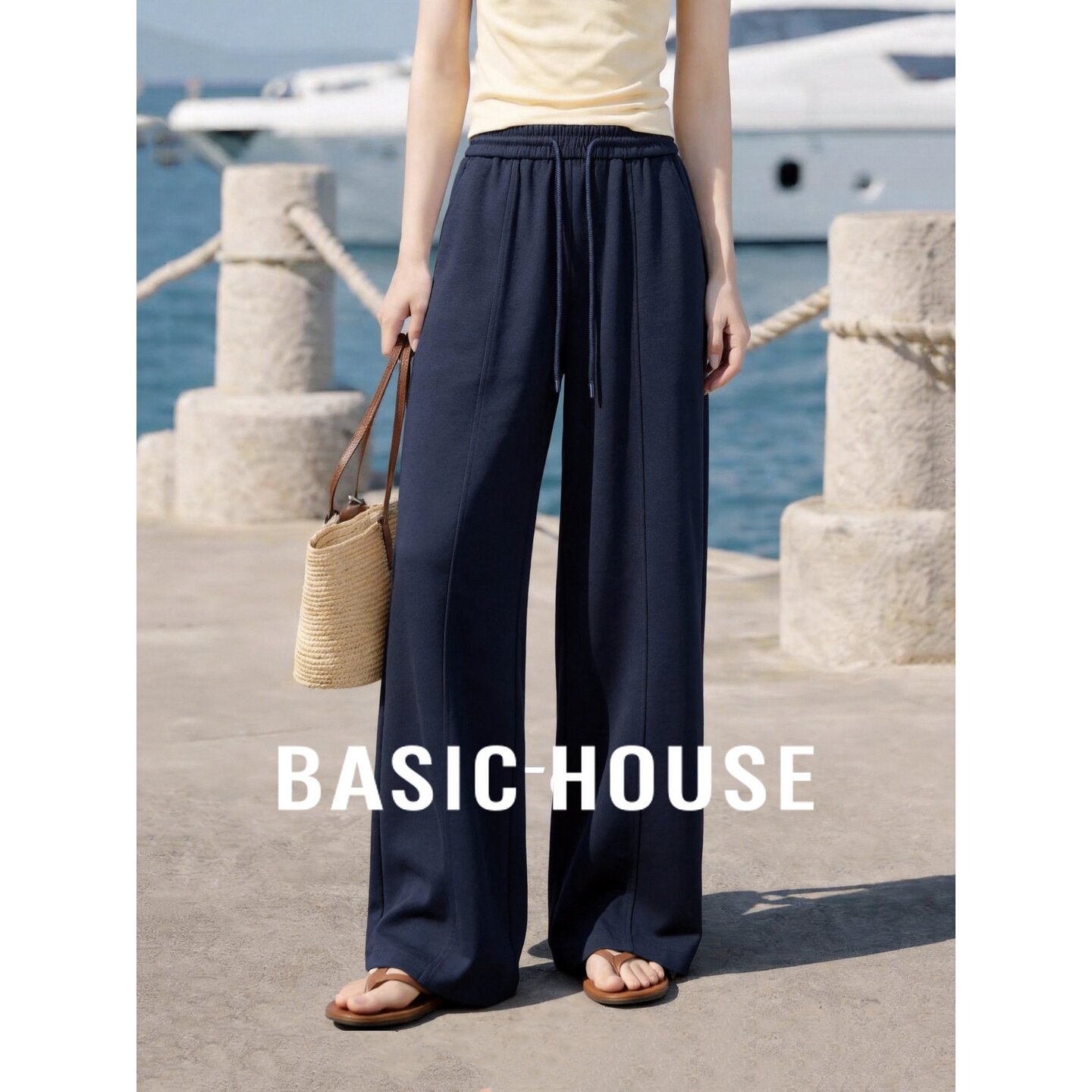 Basic House/百家好休闲风抽绳阔腿裤女藏蓝色宽松显瘦卫裤秋季