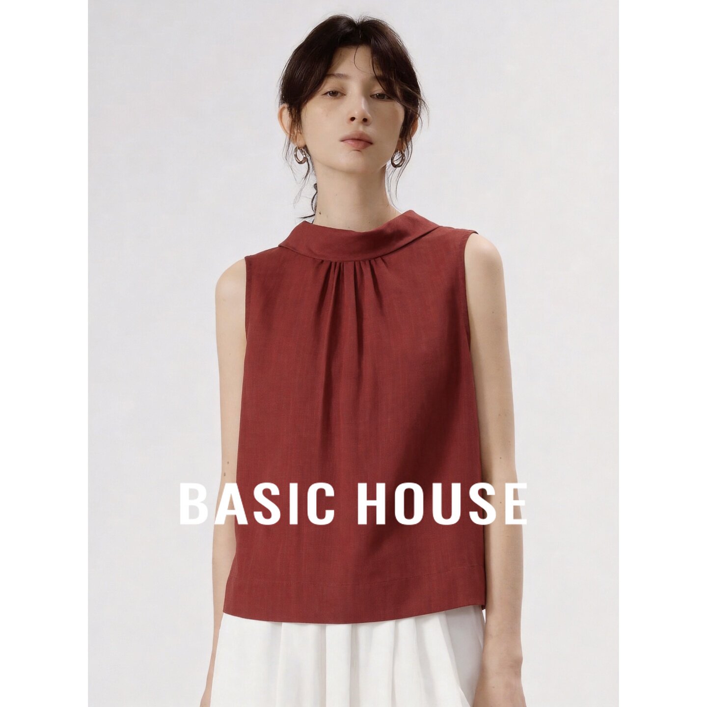 Basic House/百家好红色显白莱赛尔透气背心女夏季超好看百搭上衣