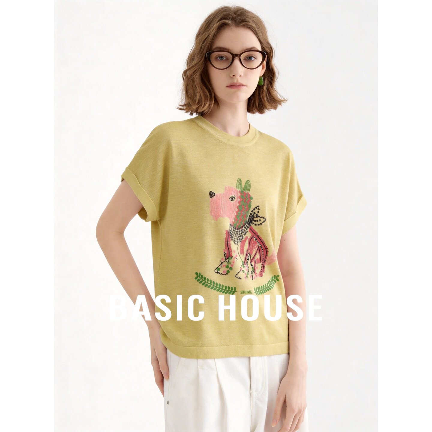 Basic House/百家好黄色小众设计感卡通印花t恤时尚百搭显瘦短袖