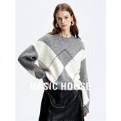 Basic 设计感上衣 新款 House 百家好圆领菱形格纹保暖毛衣女士冬季