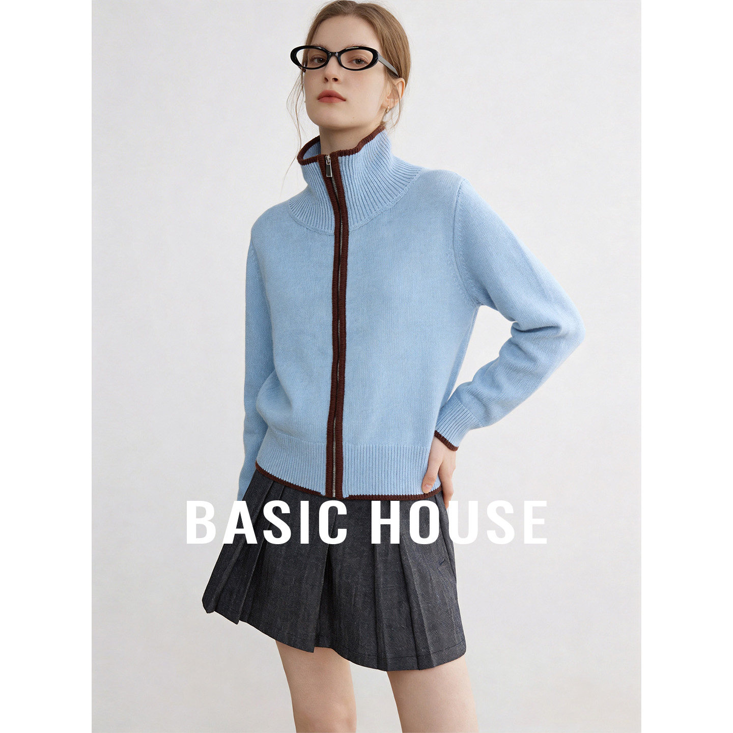 Basic House/百家好蓝色双拉链高领毛衣女2026新款慵懒风针织开衫