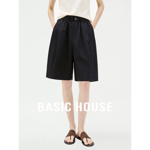 Basic House/百家好黑色松紧腰短裤女款夏季明线斜切阔腿五分中裤