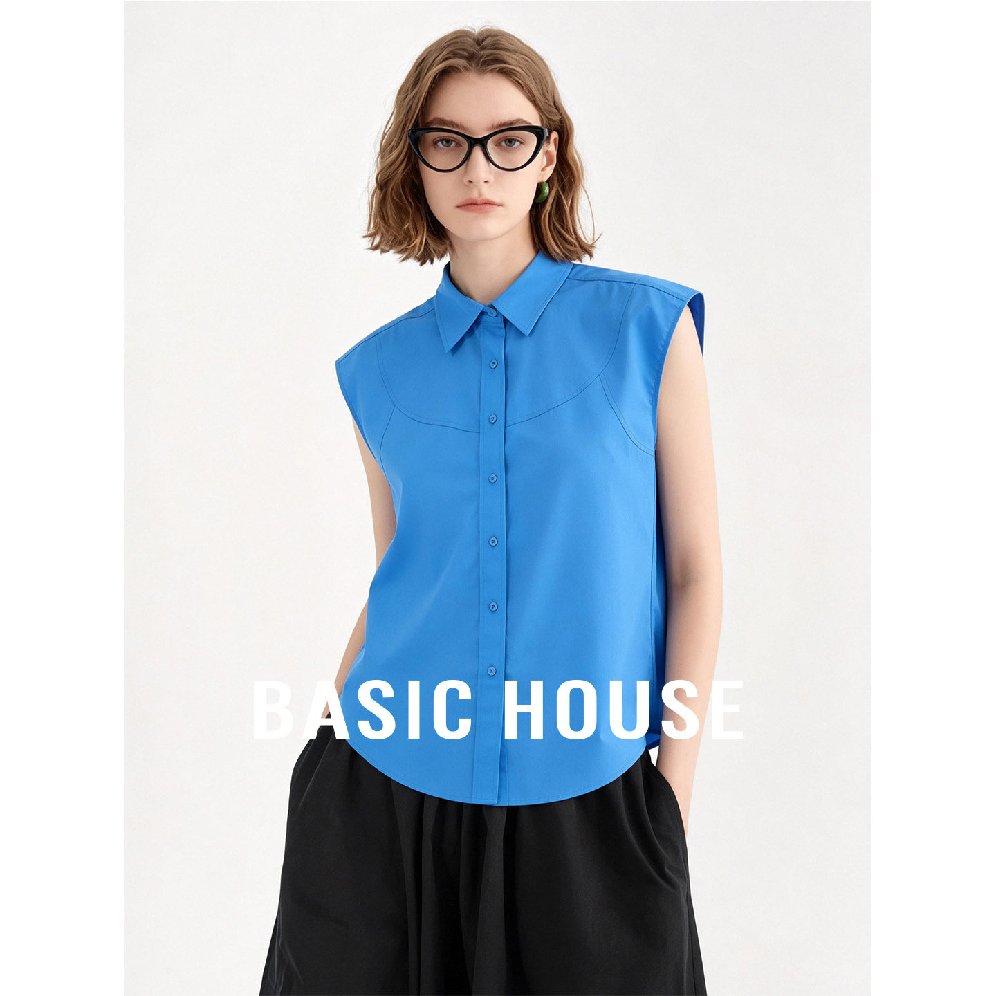 Basic House/百家好蓝色翻领简约衬衫女2026夏季新款舒适百搭上衣