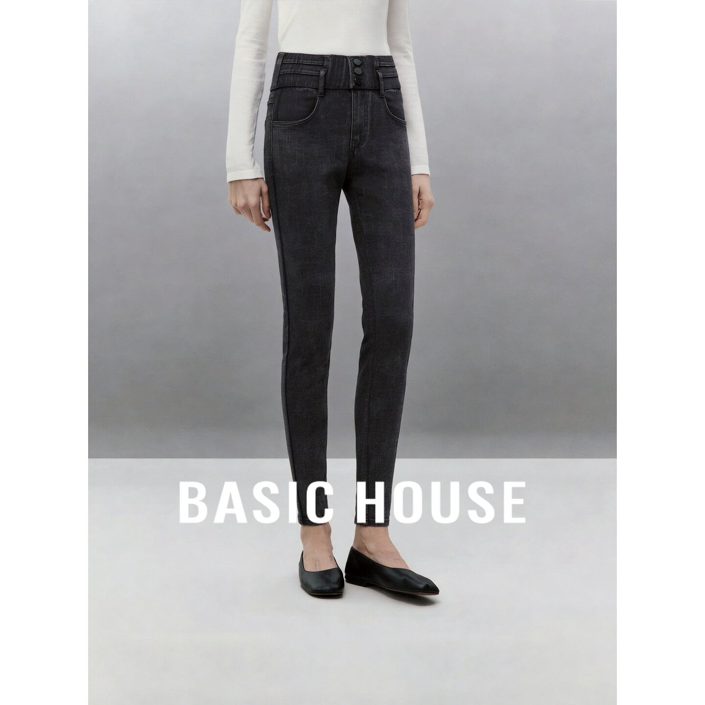 Basic House/百家好新款高腰灰色牛仔裤女修身显瘦小脚裤百搭