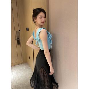 鲸艺拉丁舞服吊带背心连体衣抽绳系带摩登练舞上衣分体套装华尔兹