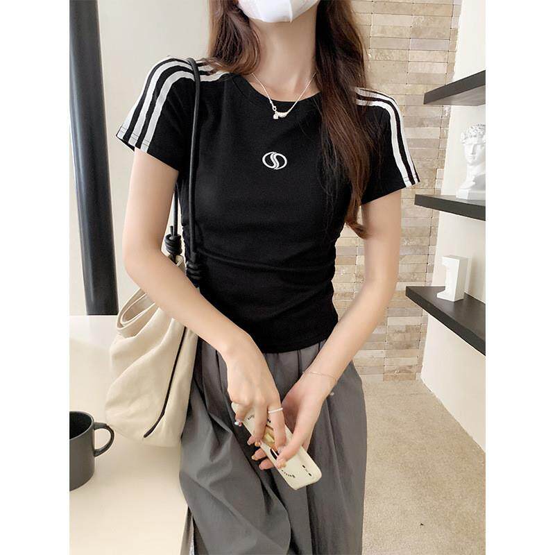 白色三条杠刺绣设计感短袖T恤女夏修身圆领插肩袖小个子短款上衣