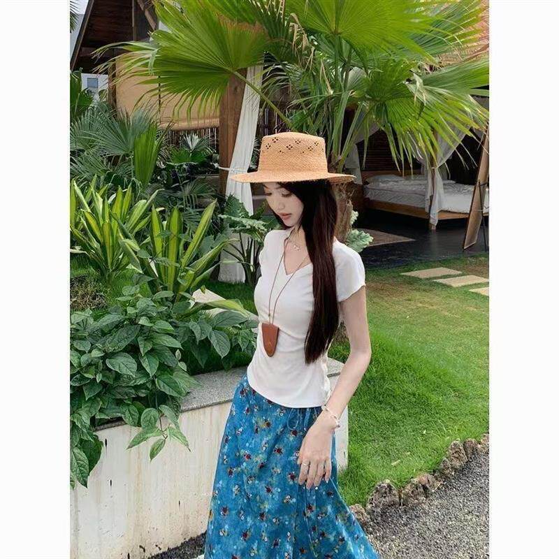 韩系甜美穿搭蓝色碎花油画系带半身裙女夏季高腰复古A字长裙子ins