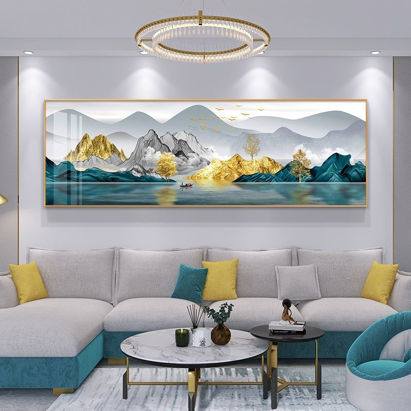 聚财山水沙发背景墙挂画新中式客厅装饰画轻奢高级感横幅新款壁画
