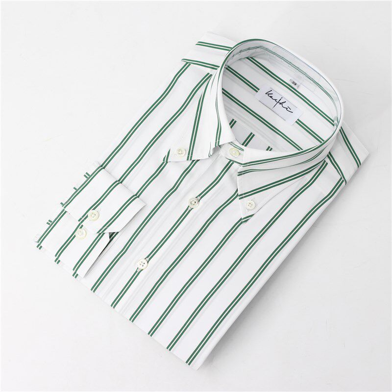 Leo男士新品纯棉长袖绿色条纹衬衫 意式长尖领休闲修身正装衬衣