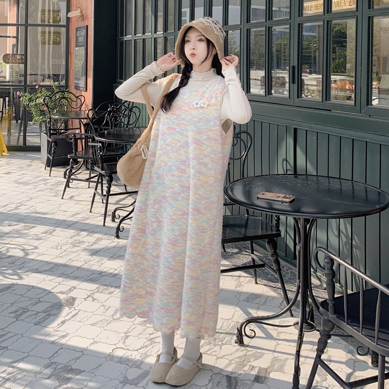大码女装秋冬款温柔甜美彩虹色百搭套装2024针织上衣背心裙两件套