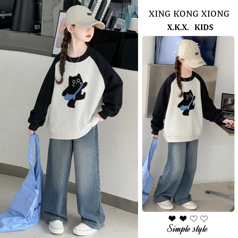 女童春装卫衣套装2025新款女大童洋气春秋款上衣儿童牛仔裤两件套