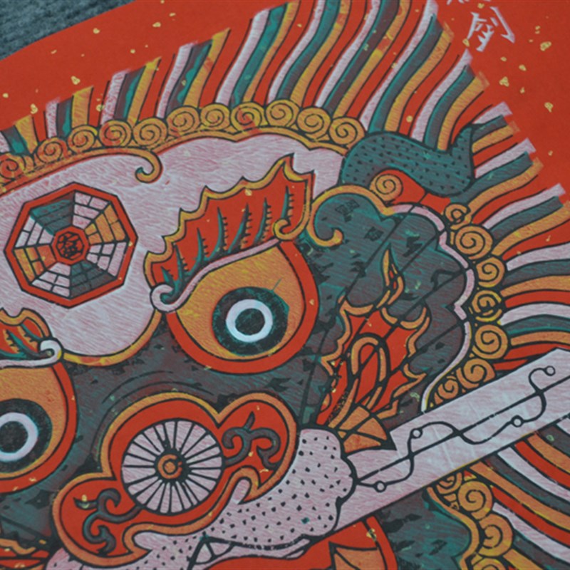 梁公馆福建漳州木版手工年画《狮衔剑》吞口宣纸画芯非遗