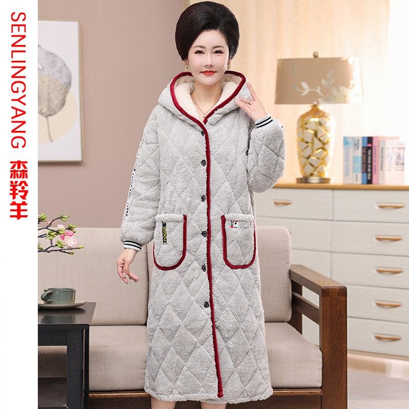 珊瑚绒睡袍女秋冬季款加厚妈妈睡衣三层夹棉长款浴袍法兰绒家居服