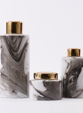 新中式水墨陶瓷罐装饰样板房客厅玄关书房书柜禅意铜山工艺品摆设