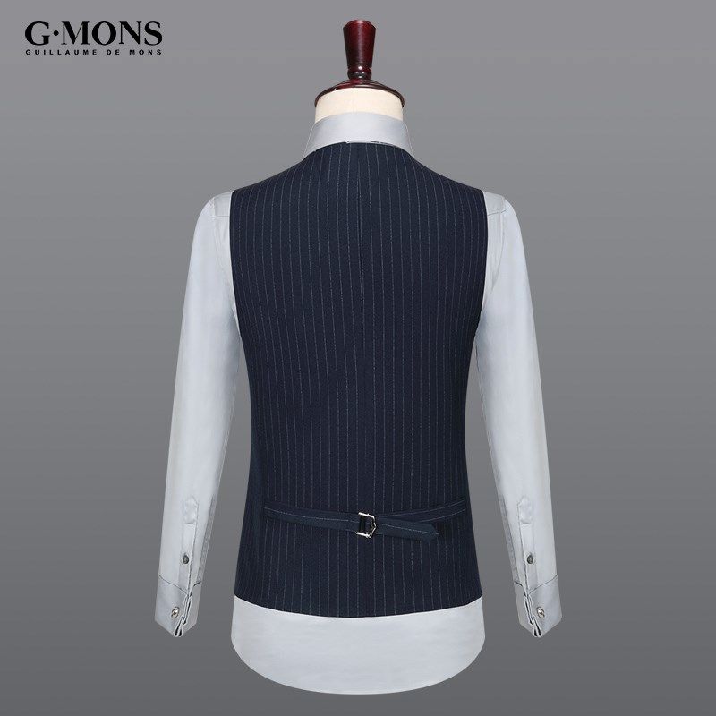 吉约蒙马甲男士藏青条纹西服西装商务正装马夹新郎结婚修身背心
