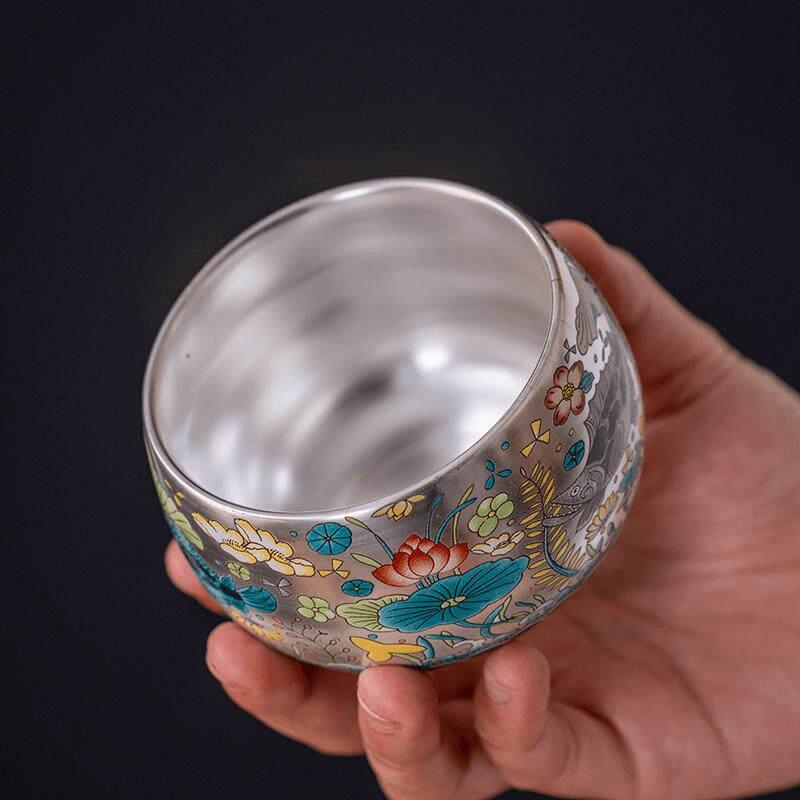 鱼藻图案镀金银质大师杯陶瓷茶杯个人茶杯简易中国茶杯茶杯功夫茶