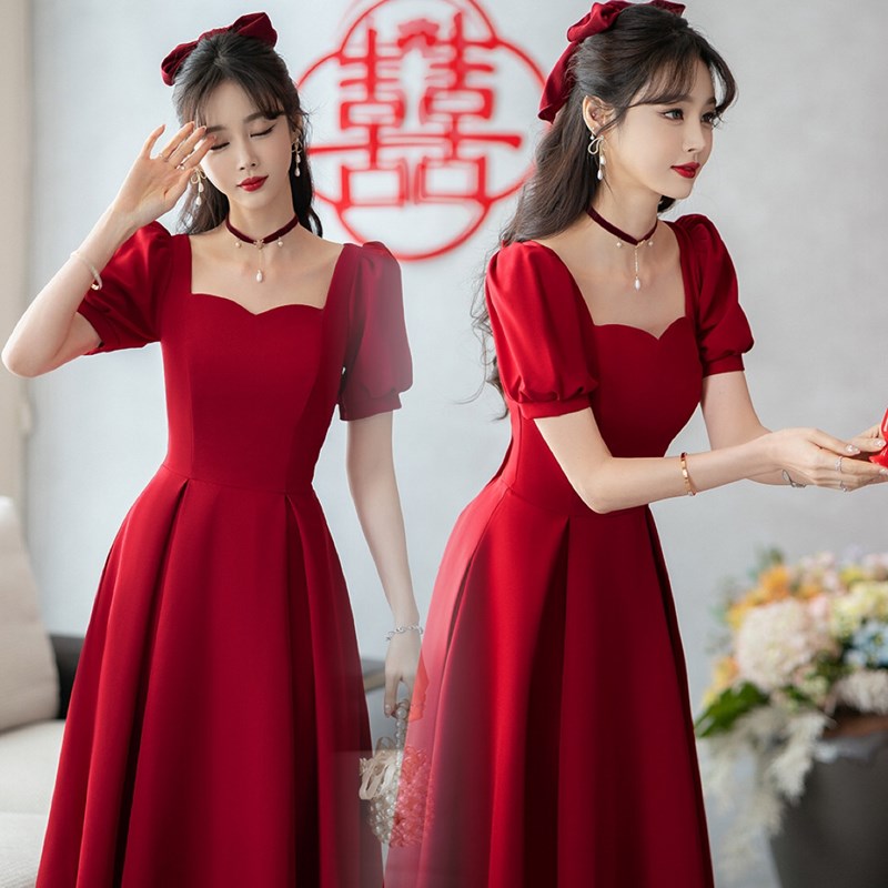 敬酒服新娘平时可穿夏季结婚礼服酒红色回门订R婚显瘦便装连衣裙