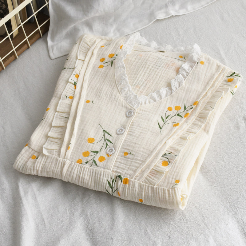 蕾丝花边优雅印花睡裙女夏季纯棉纱布薄款宽松短袖裙子家居服睡衣