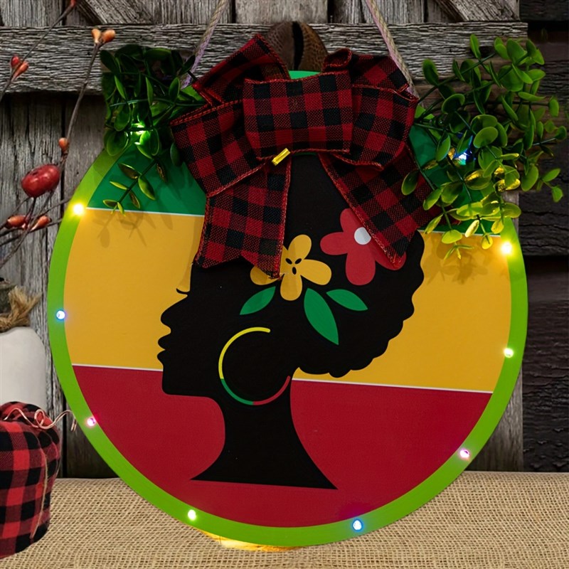 黑色女孩木质挂牌前门独立日木质发光门牌农舍春季欢迎标志花环