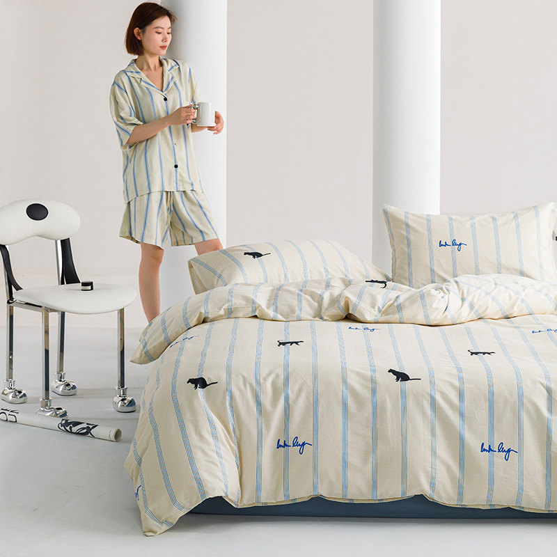 北欧简约蓝色条纹猫被套单件全棉纯棉单双人被罩+枕套150*200*230,床上用品,被套,淘宝优惠券,粉丝福利购,淘宝优惠卷