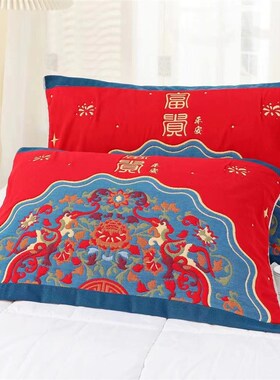 新款龙年枕巾一对装八层纱布大红色喜庆结婚加厚成人耐脏枕头巾