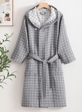 成人带帽纯棉纱布浴袍三层春夏男女情侣柔软吸水薄款浴衣睡衣睡袍