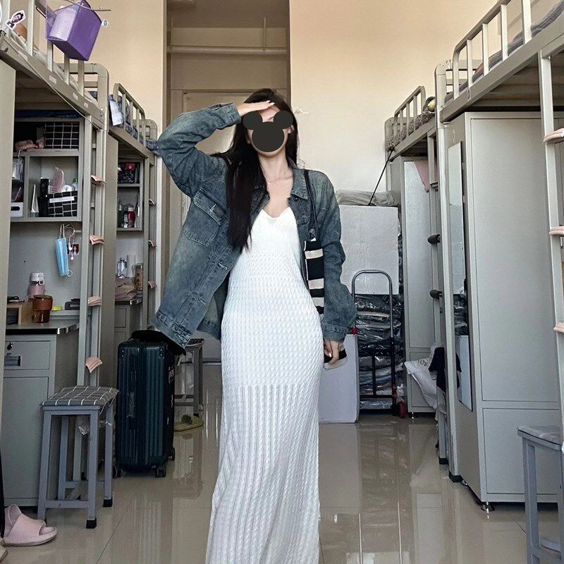 纯欲气质白色镂空针织吊带连衣裙女显身材垂坠感S包臀长裙麻花裙