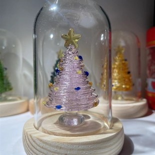 工厂代发圣诞节圣诞树木头底座玻璃罩子拉丝工艺礼品礼物淄博琉璃