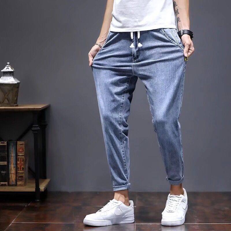 松紧系带牛仔裤男潮流百搭九分裤子男日系哈伦小脚裤新款男裤奢华