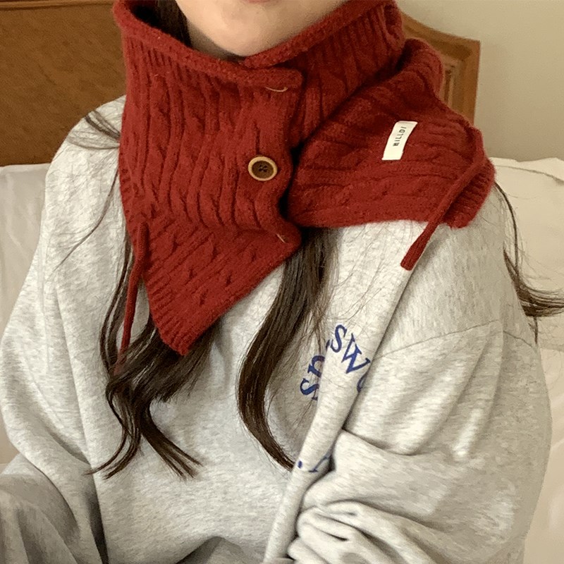 韩版麻花纽扣针织短款围脖女秋冬保暖脖套防寒护颈围巾毛线小披肩