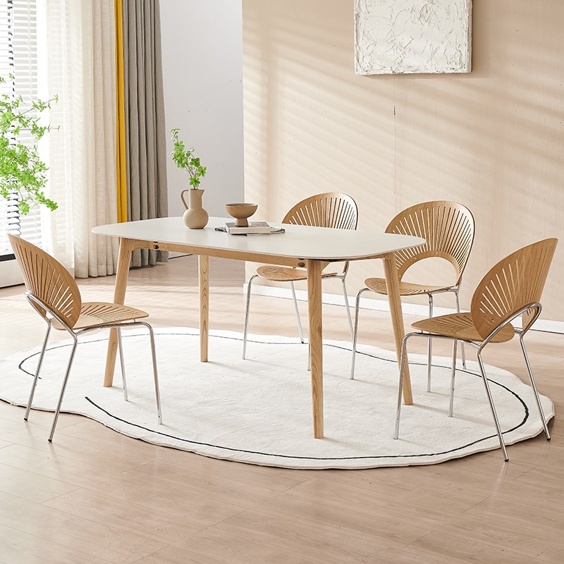 潮石德利丰岩板餐桌纯白 风 姹寂奶油风饭桌椭圆形小户型家用