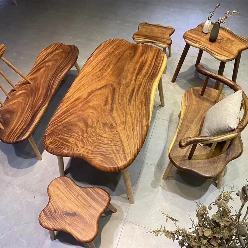 南美胡桃木大板桌自然随形边实木茶台慵懒休闲款茶室家具套装