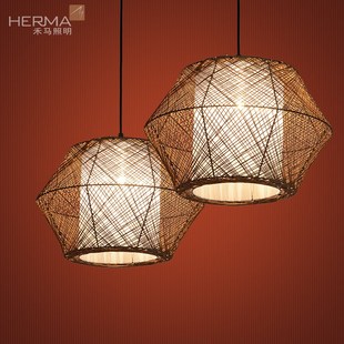 东南亚民宿卧室吊灯创意乡村复古茶室吊灯飞碟麻线藤艺灯