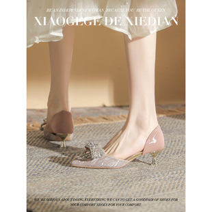 香槟色婚鞋女3cm低跟新娘鞋浅口法式尖头高N跟鞋一字扣带细跟凉鞋