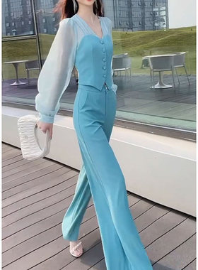 时尚职业套装女2024春季新款洋气显瘦网纱拼接上衣阔腿裤两件套潮