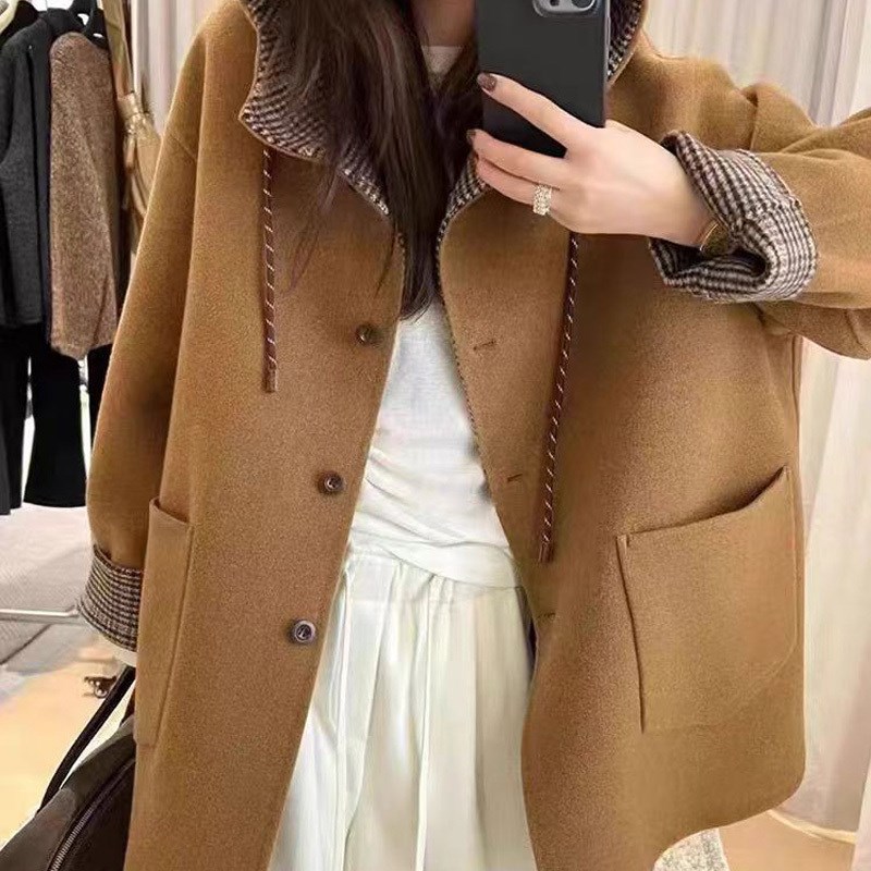 欧货连帽双面羊绒大衣女中长款2024新款单排扣宽松显瘦毛呢外套潮