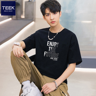 黑色短袖t恤男款2025夏天新款青少年五分落肩半袖丅体恤夏装上衣